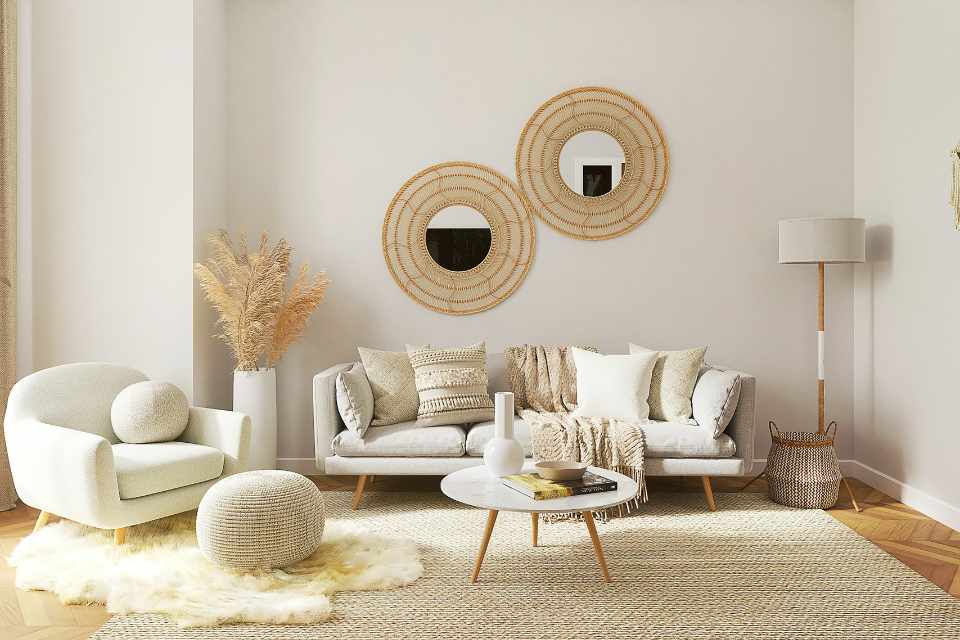 organic shapes styled living room with natural materials and neutral colours